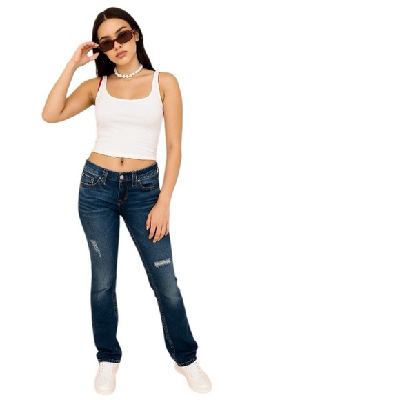 True Religion Low Rise Grunge World Tour Factory Distressed Denim Jeans Size 27 - Picture 1 of 12